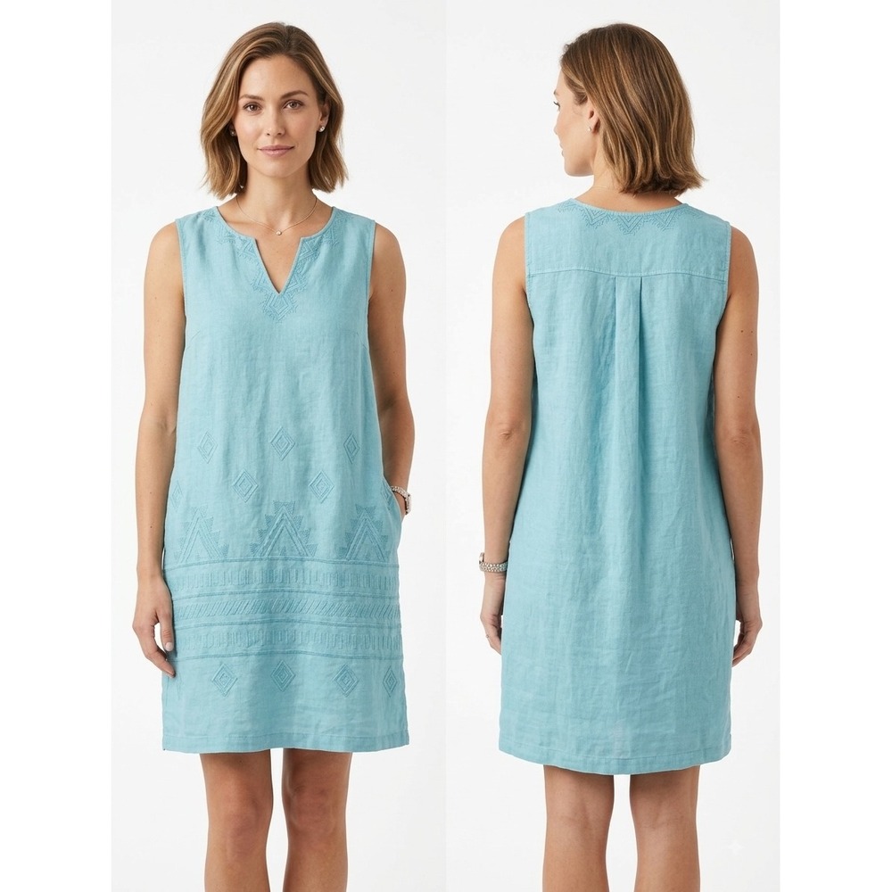 Artisan NY Womens XL Turquoise Blue 100% Linen Embroidered Sleeveless ShiftDress